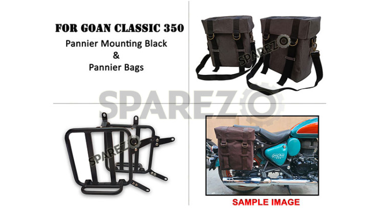 For Royal Enfield Goan Classic 350 Military Pannier Bags Grey Color and Mounting - SPAREZO For Royal Enfield Goan Classic 350 Military Pannier Bags Grey Color and Mounting - SPAREZO